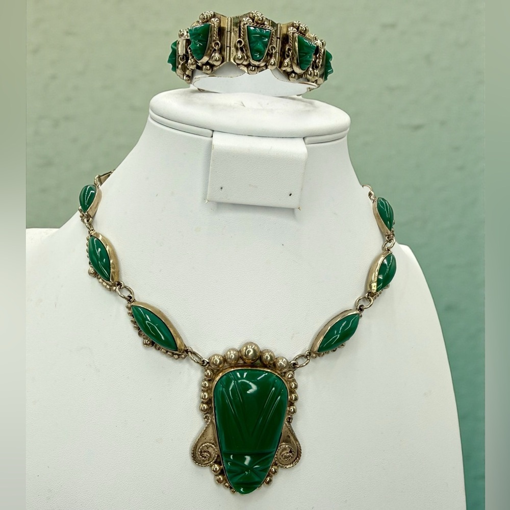 Vintage Mexico Sterling Green Onyx Aztec Mask Necklace Bracelet Set 17” & 7” - Picture 5 of 17